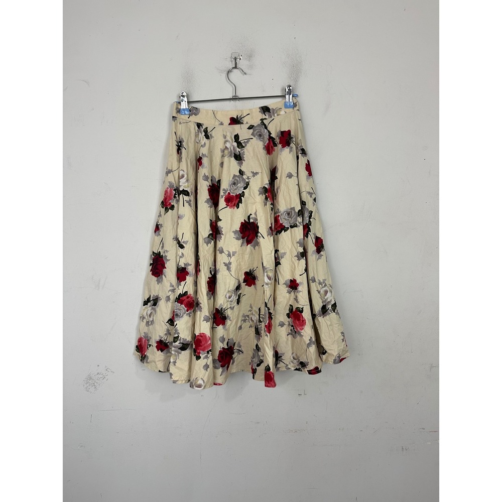 Hell Bunny Vixen Floral Circle Skirt Cream Red Rose Rockabilly XS UK 3889/16